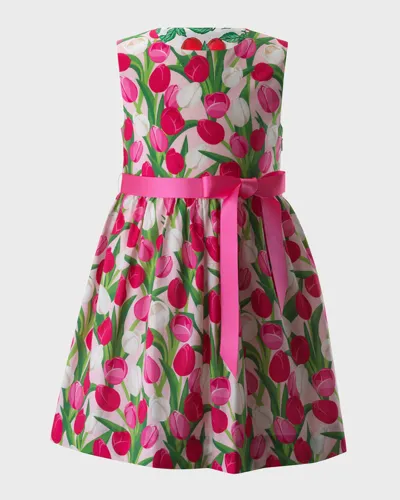 Rachel Riley Kids' Tulip Print Sleeveless Cotton Fit & Flare Dress In Pink