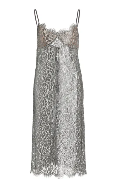 Michael Kors Metallic Lace Midi Slip Dress In Silver