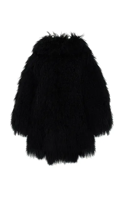 Michael Kors Hooded Mongolian Lamb Fur Balmacaan Coat In Black