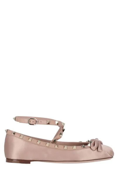 Valentino Garavani Rockstud Satin Ballerina Shoes In Pink