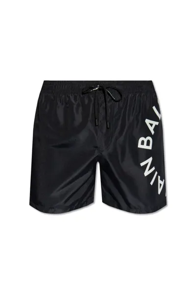 Balmain Logo Tech Swim Shorts In Black,white