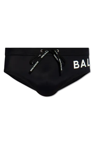 Balmain Logo Printed Drawstring Swim Bottoms In Black