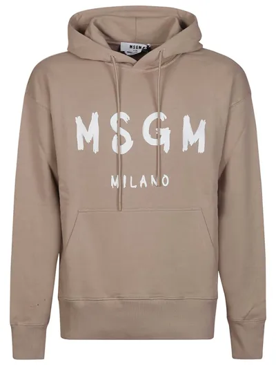 Msgm Logo Printed Drawstring Hoodie In Brown