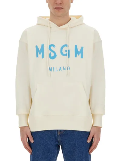 Msgm Logo Printed Drawstring Hoodie In White