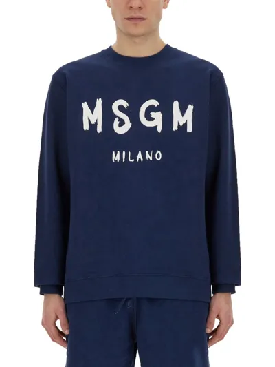 Msgm Logo Printed Crewneck Sweatshirt In Blue