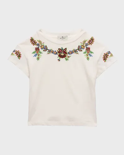 Etro Kids' Girl's Embroidered Cotton Short-sleeve T-shirt In Ivory