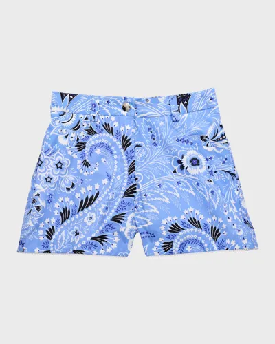 Etro Kids' Printed Cotton Poplin Shorts In Blue,ivory