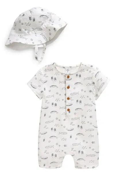 Nordstrom Babies'  Print Cotton Henley Romper & Hat Set In White- Navy Sea Friends