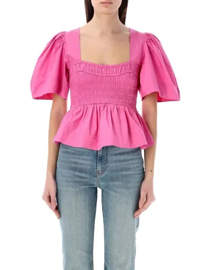 Ganni Peplum-waist Organic-cotton Blouse In Cone Flower