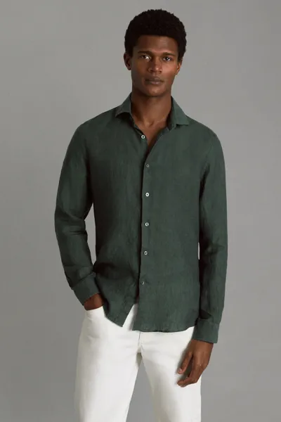 Reiss Dark Green Ruban Linen Button-through Shirt