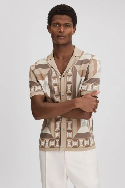 Reiss Beresford Cuban Button Front Short Sleeve Sweater In Camel Multi