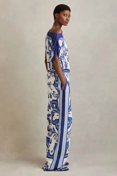 Reiss Blue Tile Print Off-the-shoulder Jumpsuit