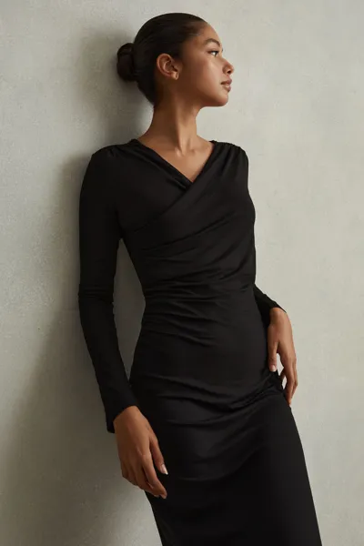 Reiss Black Jersey Wrap Front Midi Dress