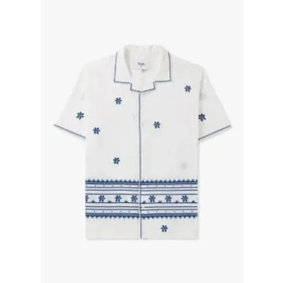 Wax London Mens Didcot Daisy Embroidery Short Sleeve Shirt In Ecru Blue