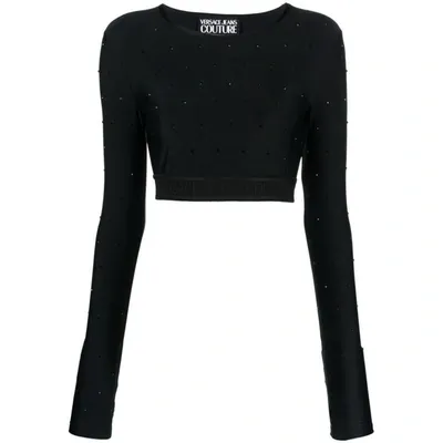 Versace Jeans Couture Long-sleeve Crystal-embellished Logo Band Top In Black