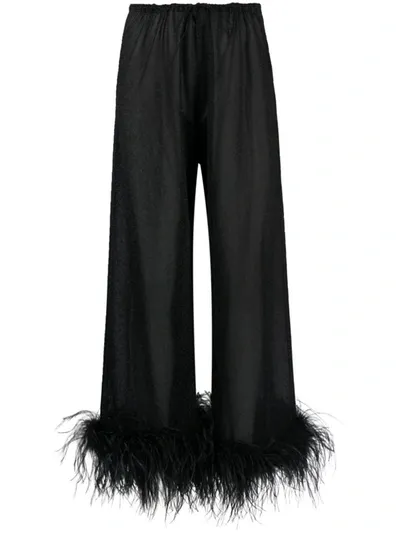 Oseree Wide-leg Trousers With Feather Detail In Nero