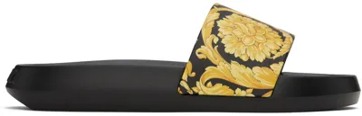 Versace Black & Gold Barocco Slides In 5b000-black+gold