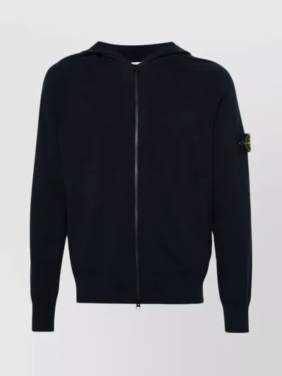 Stone Island Ribbed Crewneck Sweater With Hood And Pockets In Navy