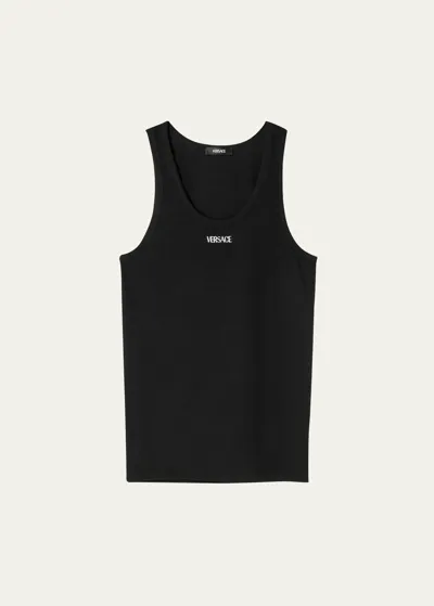 Versace Logo-embroidered Ribbed Tank Top In Black