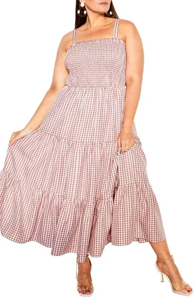 City Chic Gingham Smocked Maxi Sundress In Brick Gingham