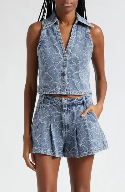 Ramy Brook Deacon Floral-embroidered Denim Vest In Indigo