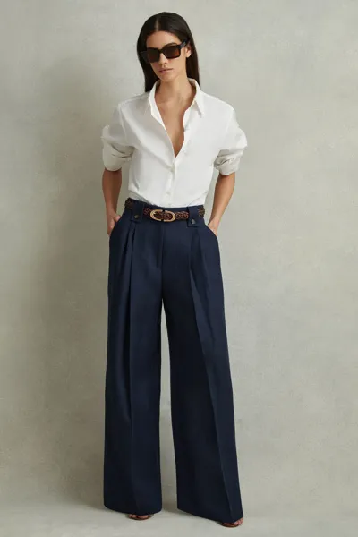 Reiss Leila Heavy Linen Wide Leg Pants In Navy