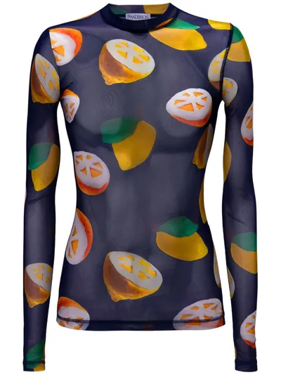 Jw Anderson Blue Fruit-print Long-sleeved Top