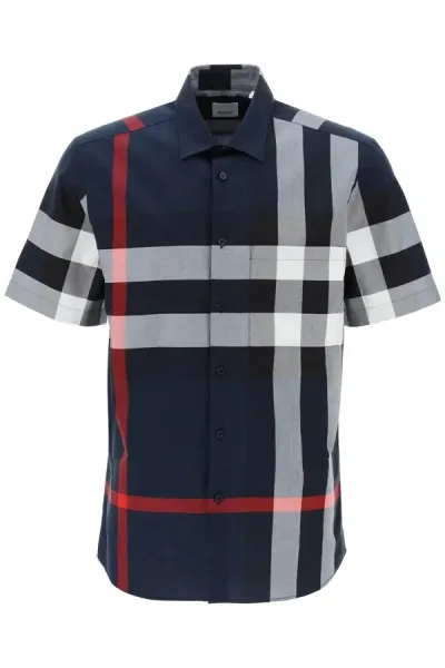 Burberry Check Motif Cotton Shirt In Blue