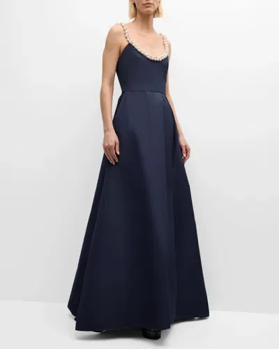 Monique Lhuillier Beaded-neckline Sleeveless Pleated Slit Gown In Night Sky