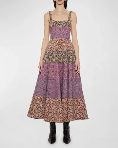 Atelier Prabal Gurung Button-waist Tiered Floral-print Midi Sundress In Lavender Multi