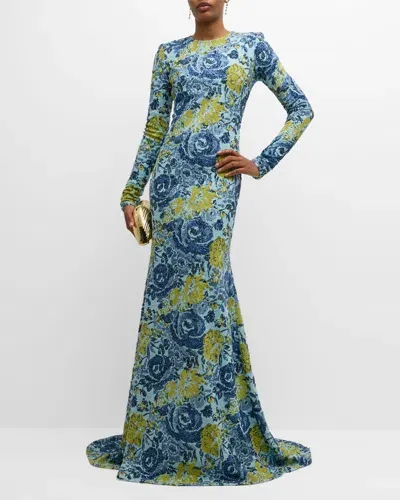 Atelier Prabal Gurung Penny Sequined Floral Print Gown In Icy Blue Multi