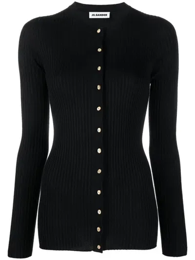 Jil Sander Round Neck Ribbed Cardigan In Black