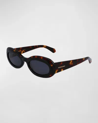 Ferragamo Classic Logo Acetate Oval Sunglasses In Tortoise/black