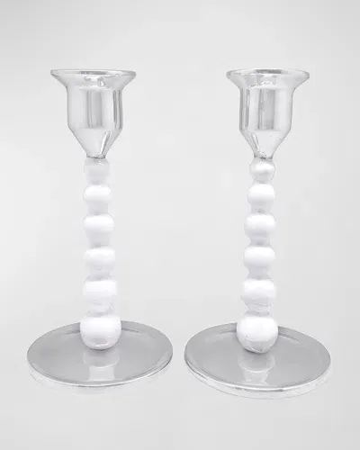 Mariposa Pearled Enameled Small Candlesticks, Set Of 2 In White