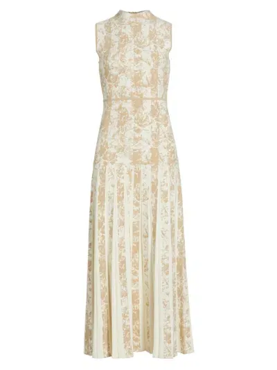 Lela Rose Pleated Floral Striped Jacquard Mock-neck Sleeveless Midi Dress In Sand Multi