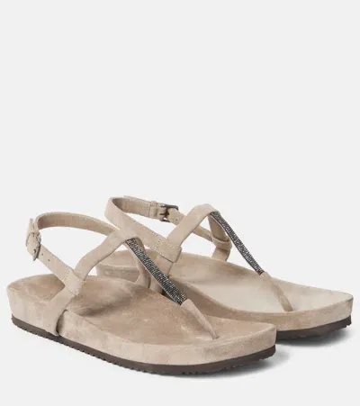 Brunello Cucinelli Embellished Suede Thong Sandals In Beige