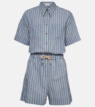 Brunello Cucinelli Striped Cotton And Silk Playsuit In Blue