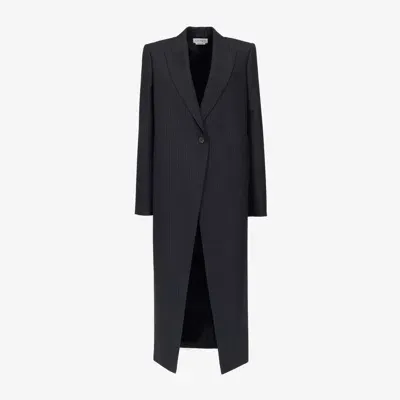 Alexander Mcqueen Pinstripe Cutaway Coat In Navy