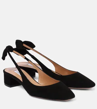 Aquazzura Very Bow 35 Suede Slingback Pumps In Nero