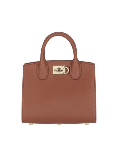 Ferragamo Salvatore  Gancini Plaque Tote  Bag In Brown