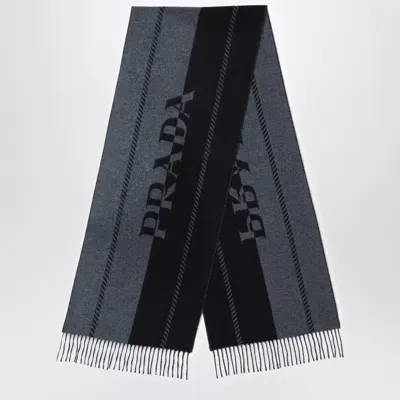 Prada Slate/black Wool Scarf With Jacquard Logo In Gray