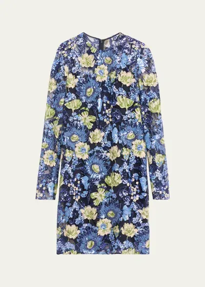 Lela Rose Floral Sequin Long-sleeve Dress In Navy