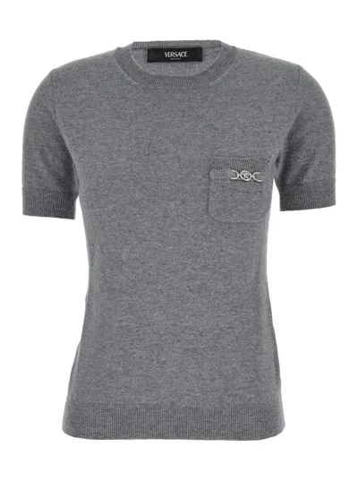 Versace Grey T-shirt With Medusa Detail In Wool Blend Woman