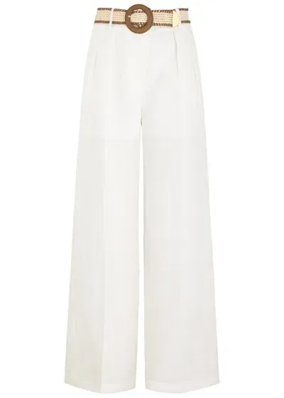 Zimmermann Golden Belted Pleated Linen Wide-leg Pants In Ivory