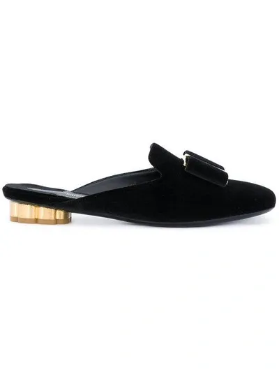 Ferragamo Sciacca Flower Heel Velvet Backless Loafers In Black