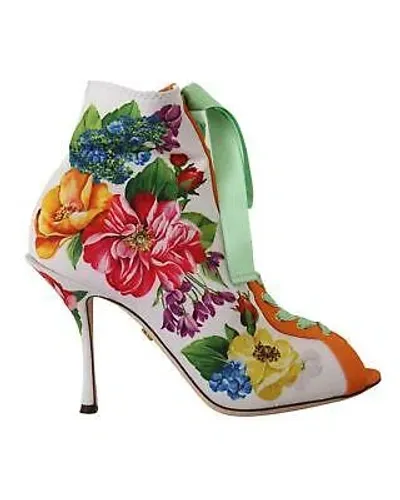 Pre-owned Dolce & Gabbana Jersey-stiefel Mit Blumenprint Und Offener Spitze - Boots - In Weiss