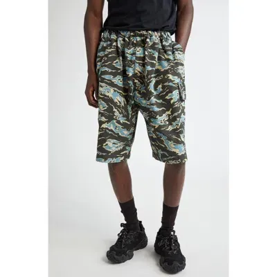 Acne Studios Print Cotton Ripstop Cargo Shorts In Black/blue