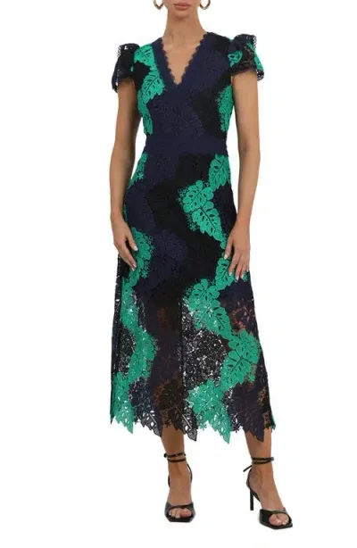 Adelyn Rae Adeline Palm Lace Midi Dress In Black Navy Green