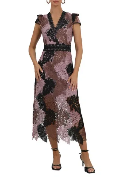 Adelyn Rae Adeline Palm Lace Midi Dress In Sepia Mauve Brown