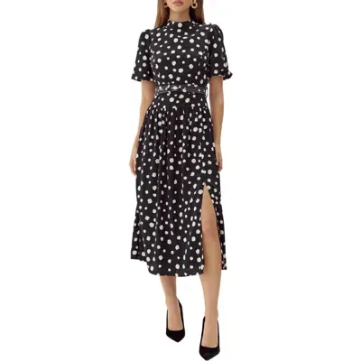 Adelyn Rae Dot Belted Puff Shoulder Midi Dress In Black/ivory